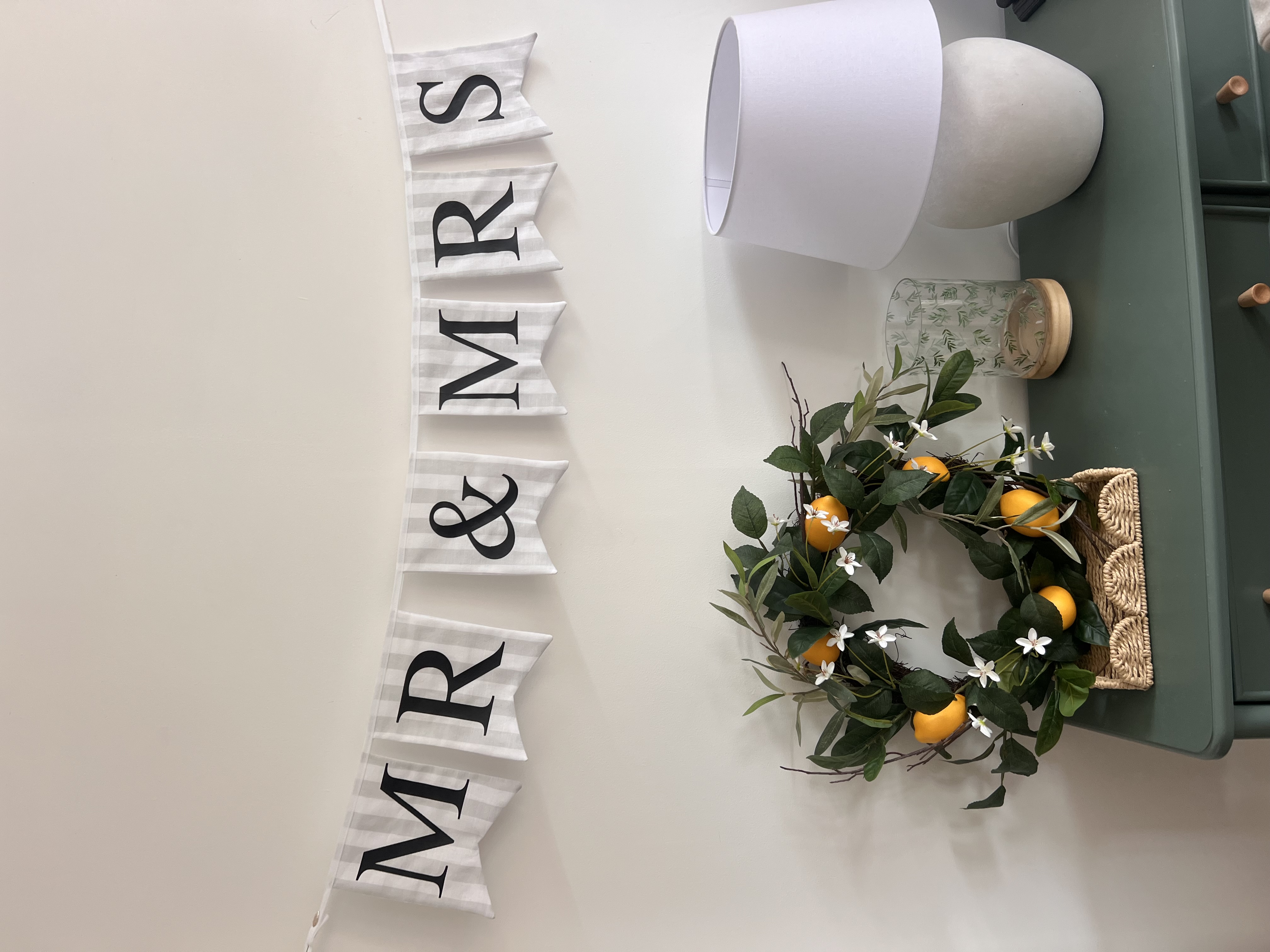 Black vinyl on white and grey fabric bunting