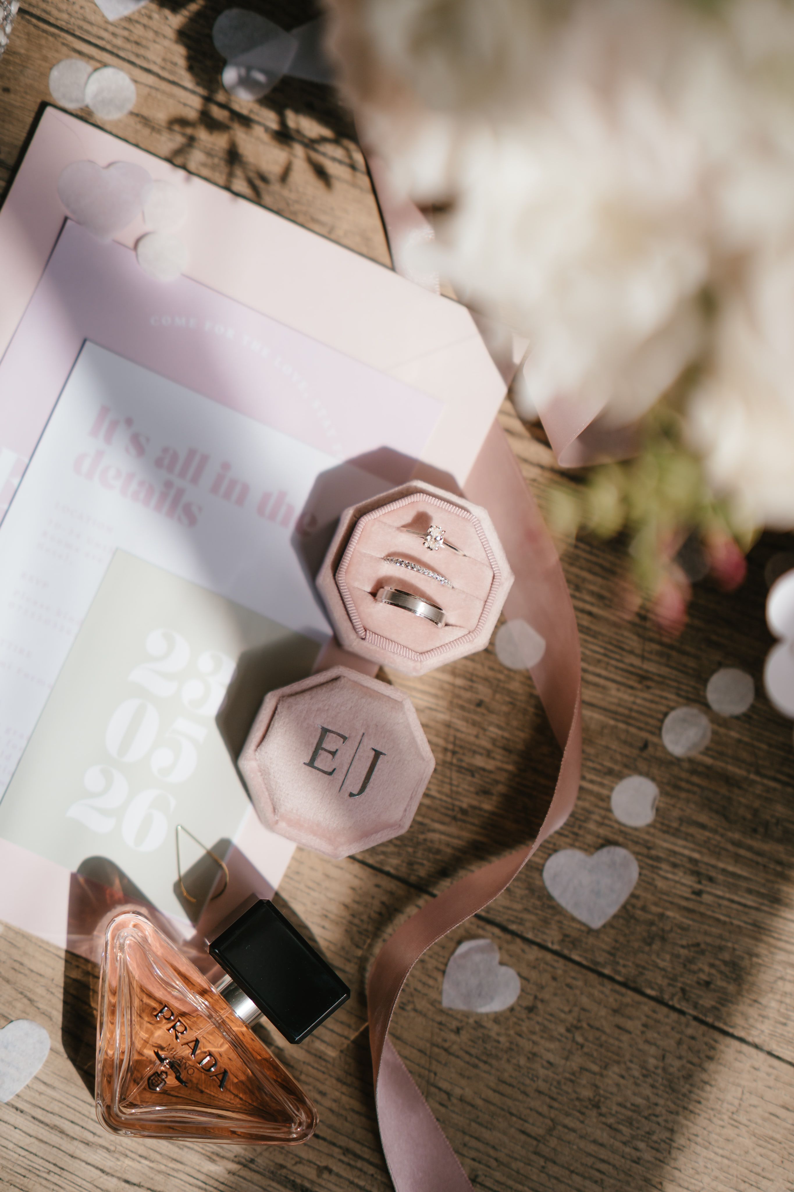 Wedding invitation and details flatlay